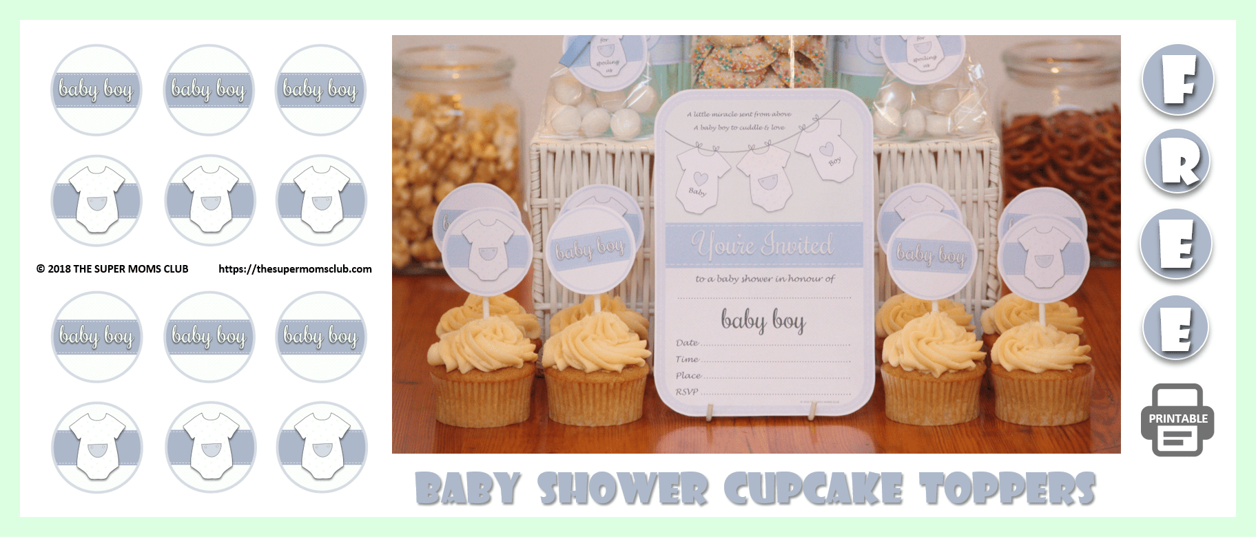 Babygrow Themed Baby Shower For A Boy FREE PRINTABLE Cupcake Toppers - The Super Moms Club