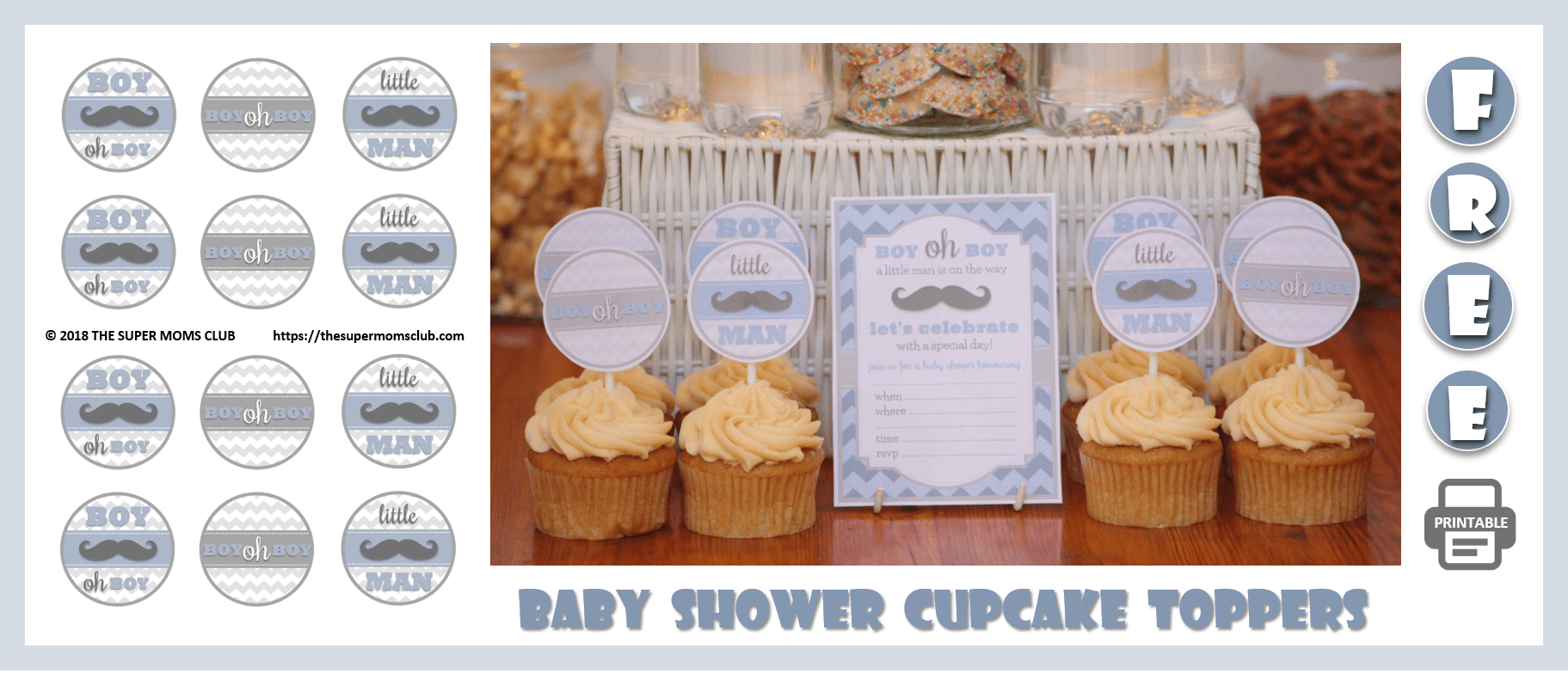 Little Man Themed Baby Shower FREE PRINTABLE Cupcake Toppers - The Super Moms Club